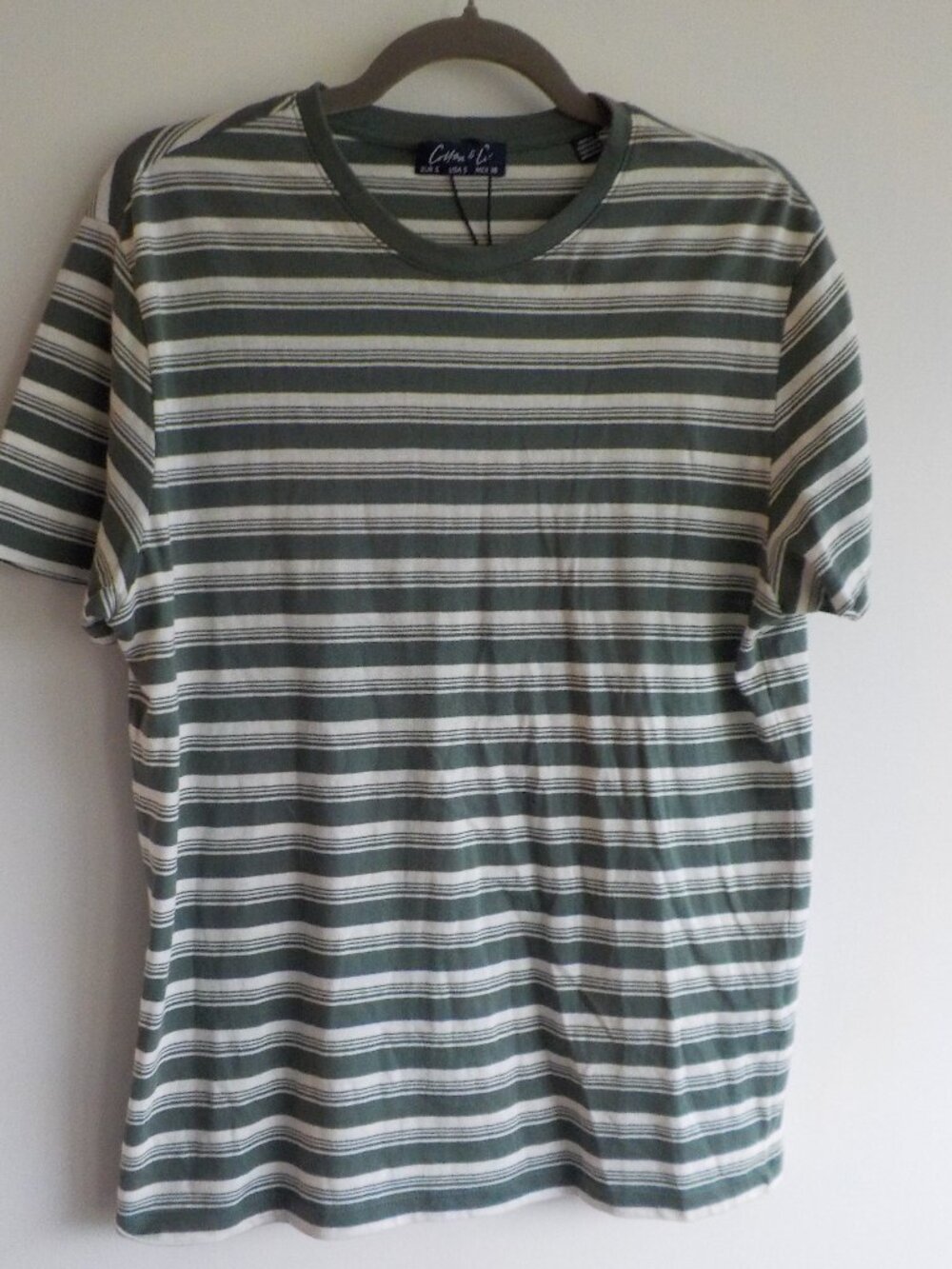 Cotton & Co Tee Shirt - Small - COTTON - Green/White Stripe Short Sleeve (2215)